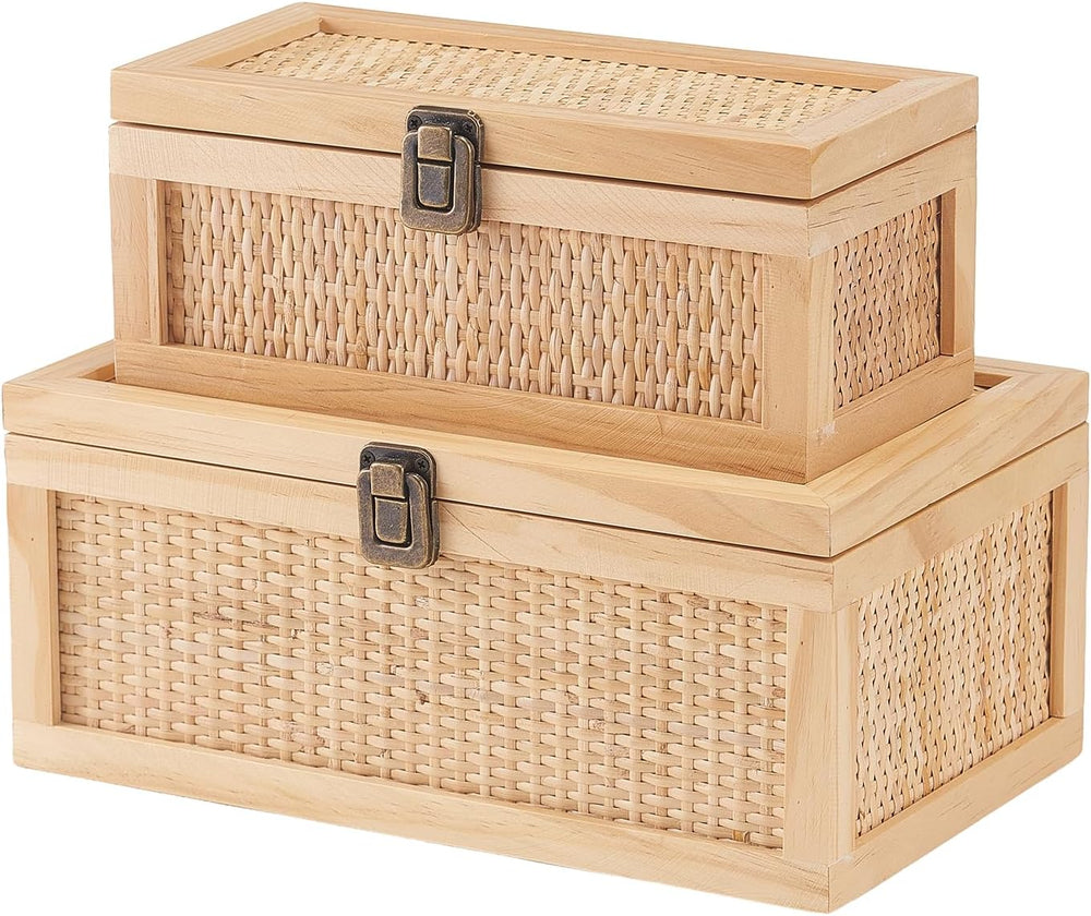 Rattan Decorative Boxes with Lids, Stackable Keepsake Box Set of 2