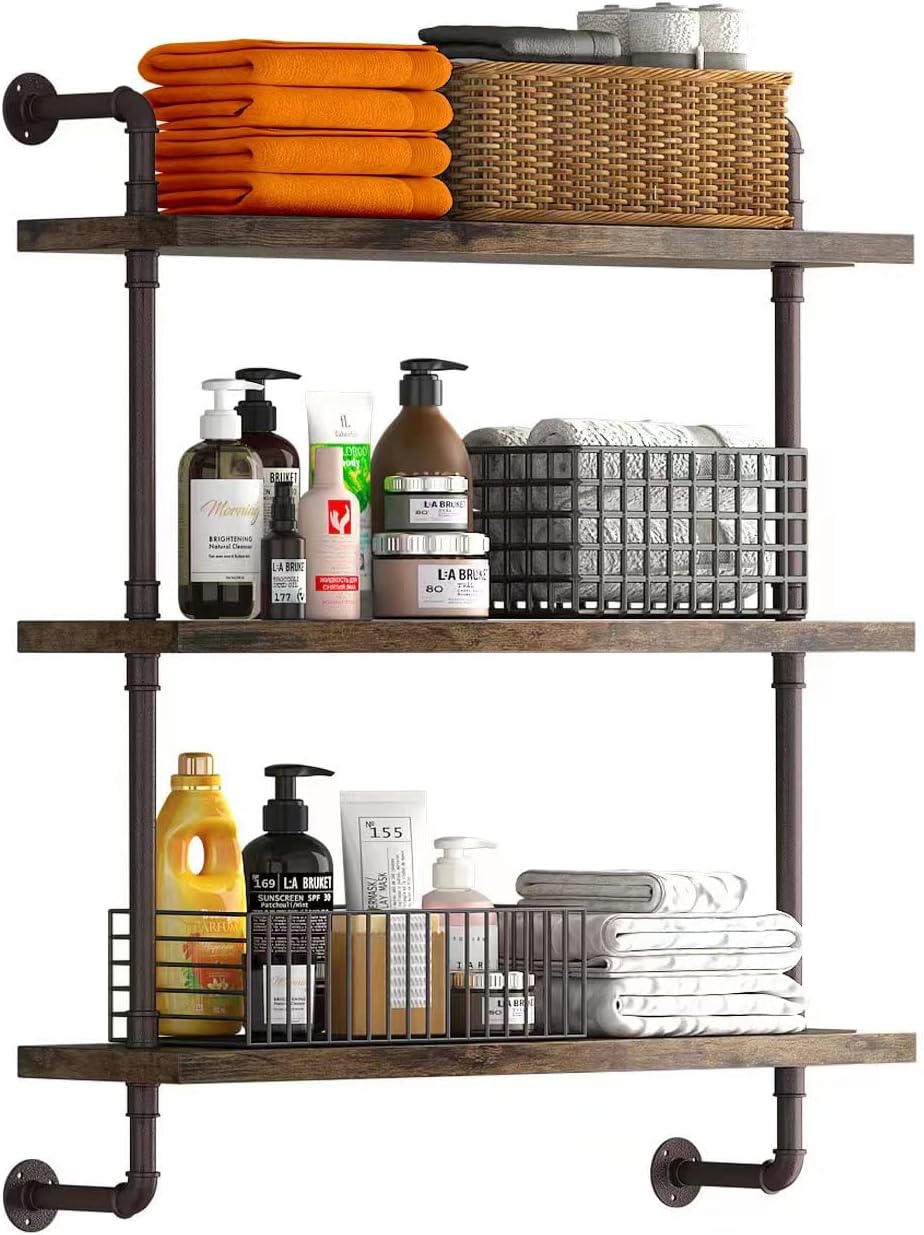 Helsin 3 Tier Industrial Pipe Shelf Rustic Wood Floating Shelves,Wall Display...