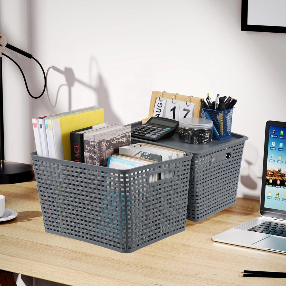 Ggbin 6-Pack Large Plastic Weave Storage Baskets Bins with Lids, Grey