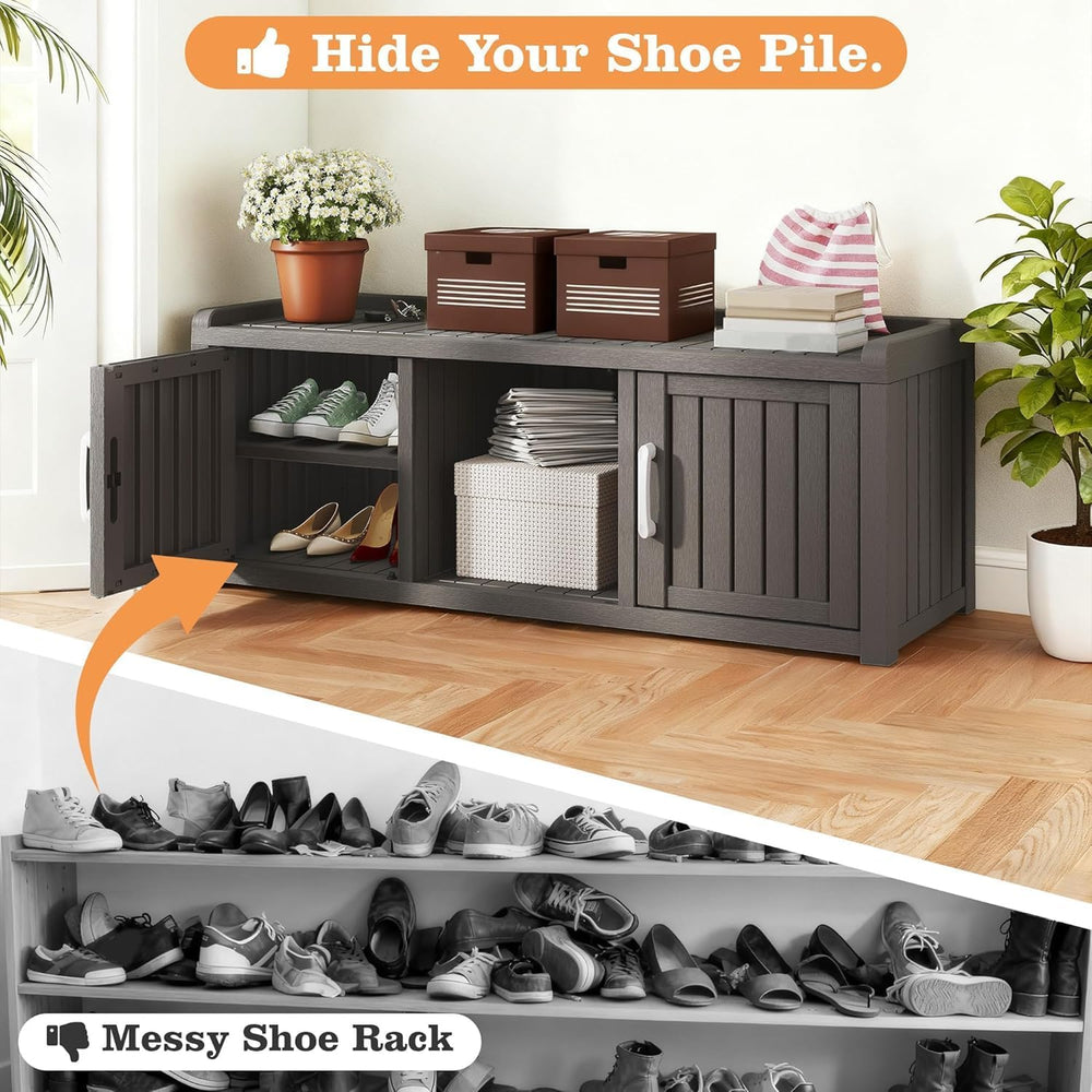 Outdoor Shoe Bench with Waterproof UV-Resistant Indoor Resin Shoe Cabinet Ent...