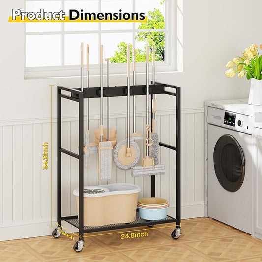 BORISI Broom And Mop Holder, Movable Broom Closet Storage Cabinet, Cleaning Cart - Image 2