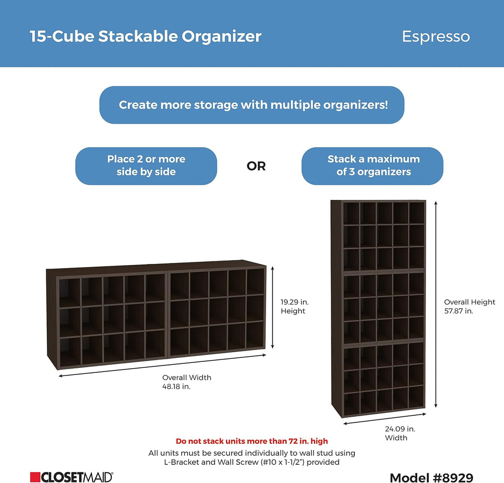 ClosetMaid 15 Cube Stackable Storage Organizer for Shoes, Bags, Crafts, Hobbi...