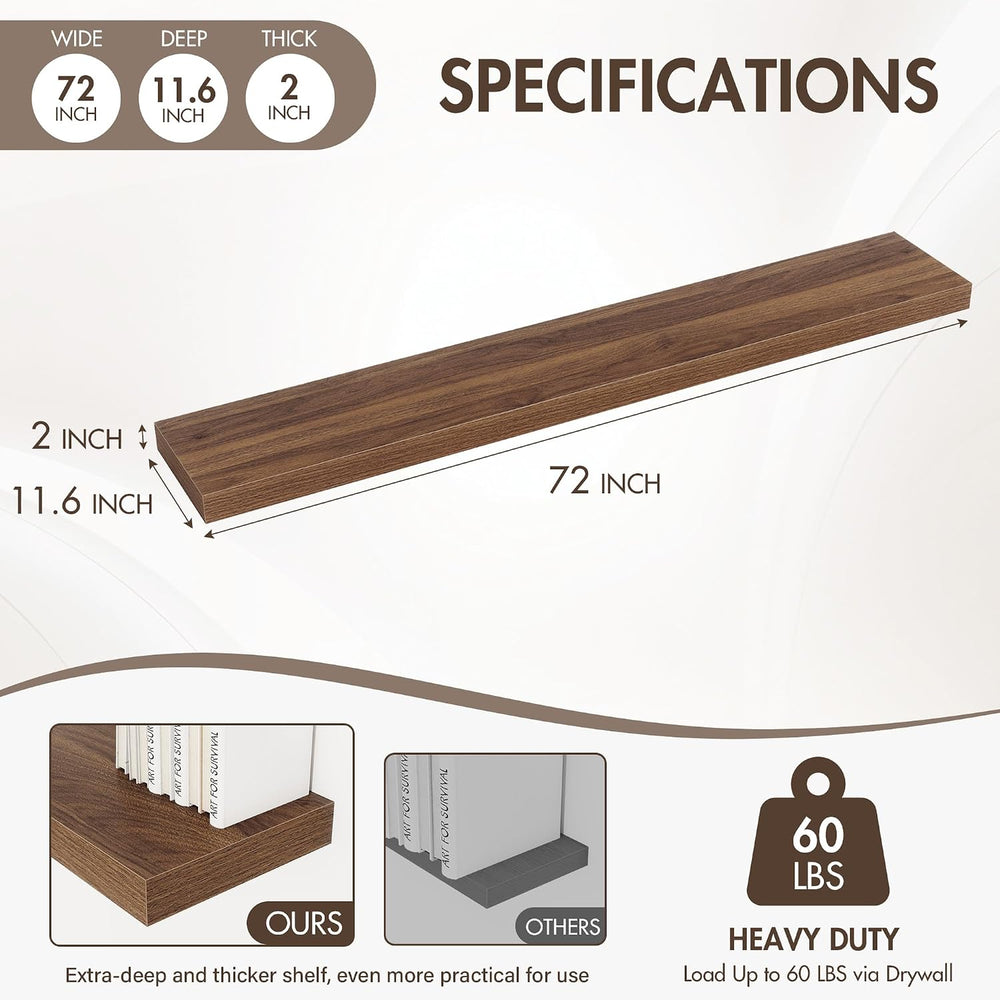 Acovy 72 Inch Floating Shelves, 12" Deep Floating Shelf Wall Mounted, 72...