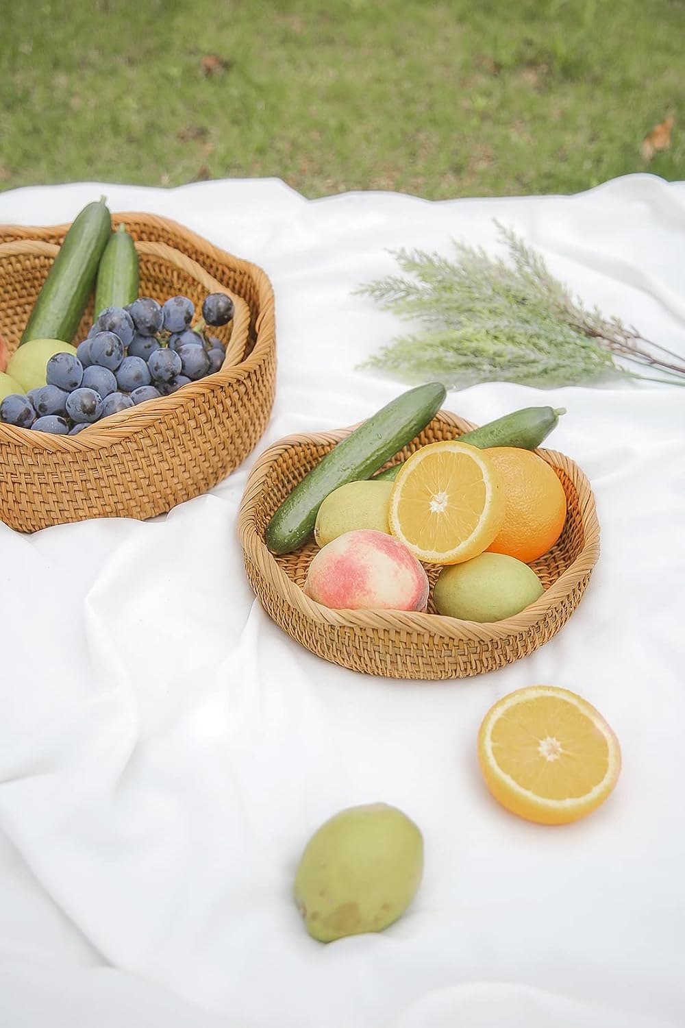 HITOMEN Handmade Rattan Bread Baskets Round Wicker Fruit Serving Storage Bowl...