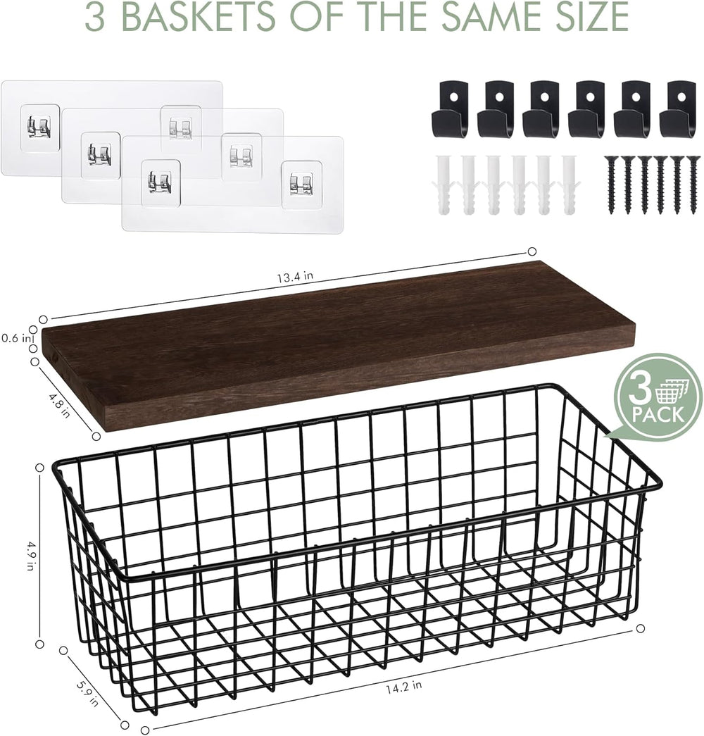 Wall Hanging Baskets, 3 Wooden Wire Bins with Hooks & Adhesive Mount(Extra)