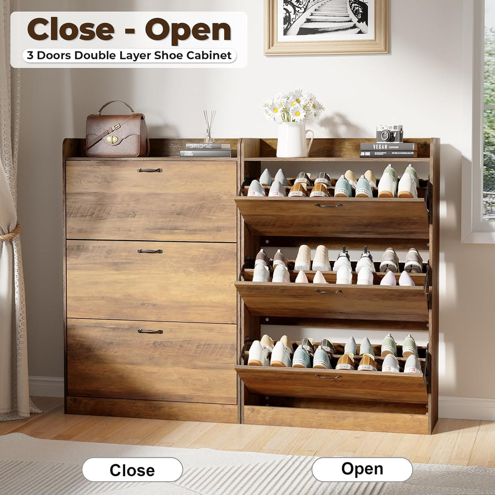 HOMMPA Farmhouse Shoe Storage Cabinet with 3 Flip Drawers, Shoe Cabinet Stora...