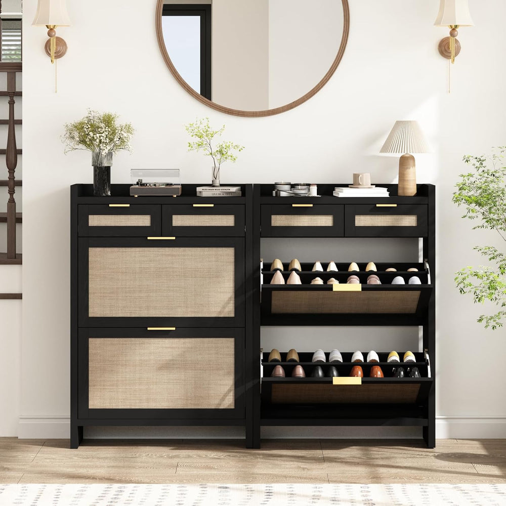 HOKYHOKY Rattan Shoe Storage Cabinet with 2 Drawers & 2 Flip Drawers