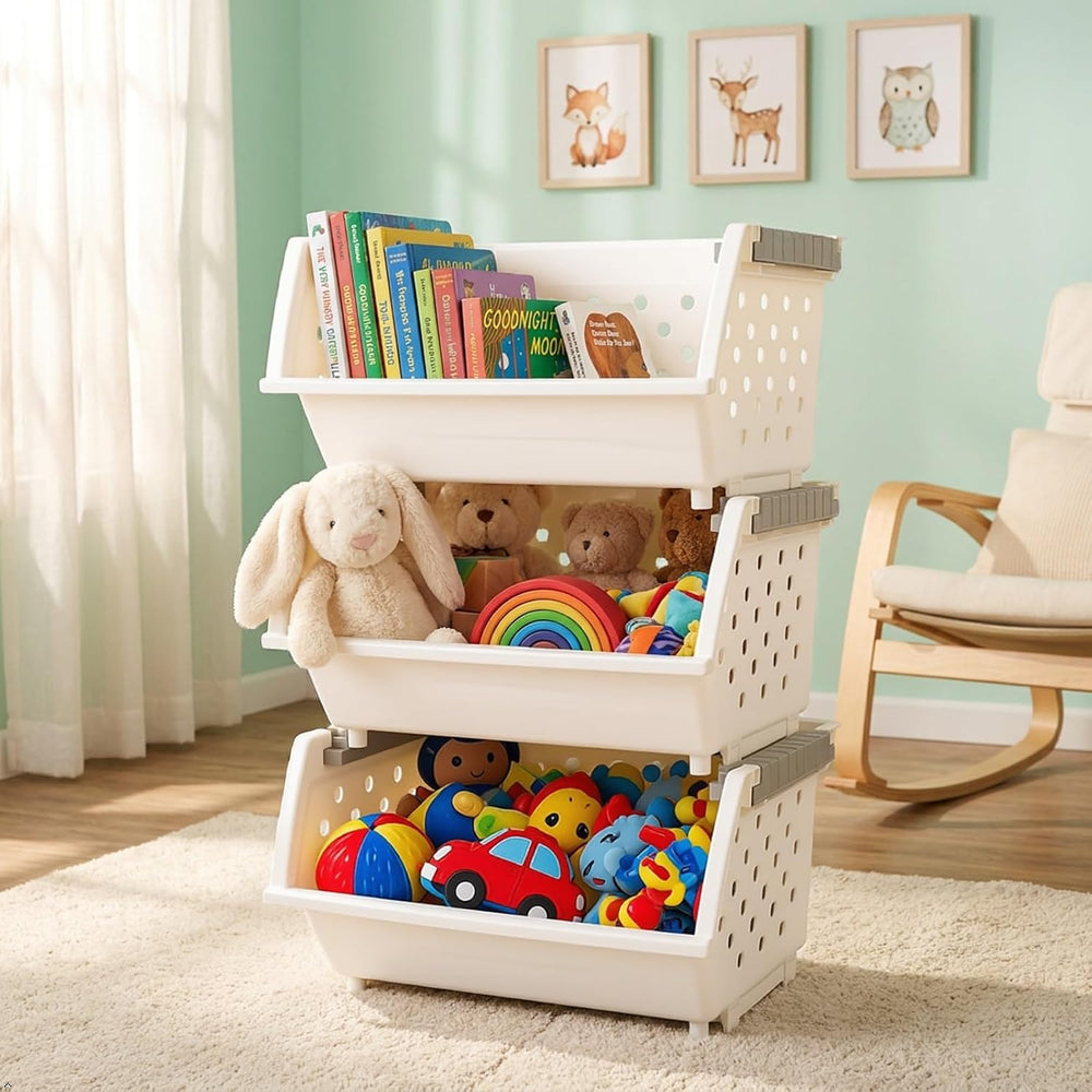 3-Pack White Plastic Kitchen Stackable Storage Baskets