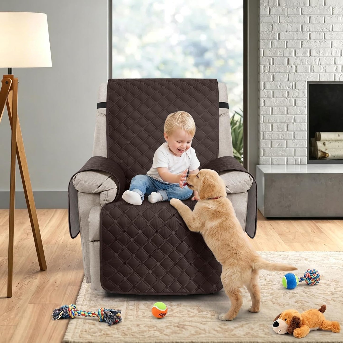 Ruaozz 100% Waterproof Recliner Chair Covers, Non-Slip Reclining Covers for Recliner Chair Washable Chair Cover, Recliner Covers with Pockets for Kids, Dogs, Pets (Chocolate, 23'')