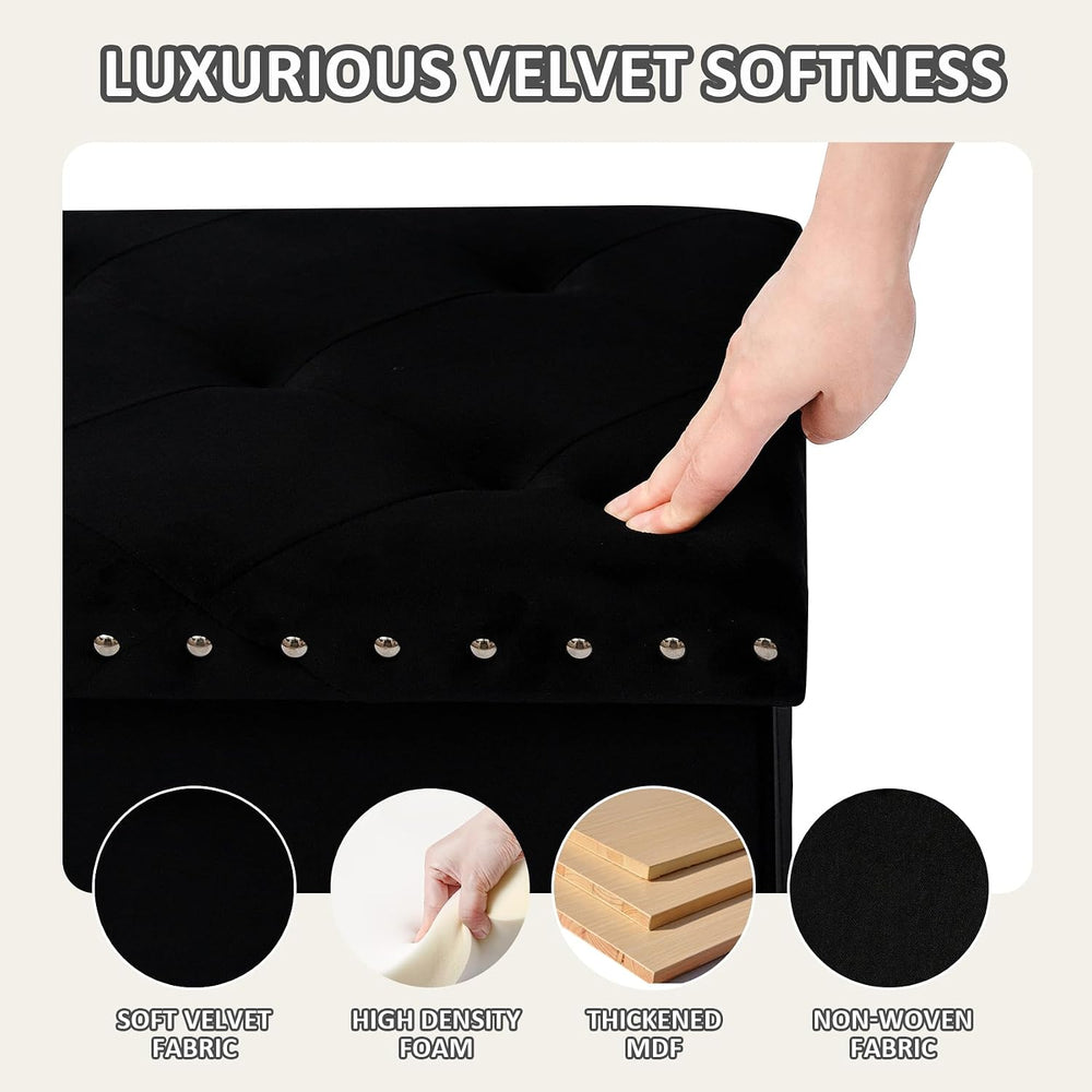 PINPLUS Folding Storage Ottoman Bench, Black Velvet