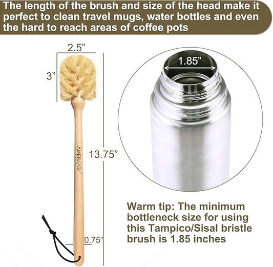 Bottle Brush with Strong Sisal Bristles, 13-3/4 Inch Long Wood Handle Hanging - Image 2