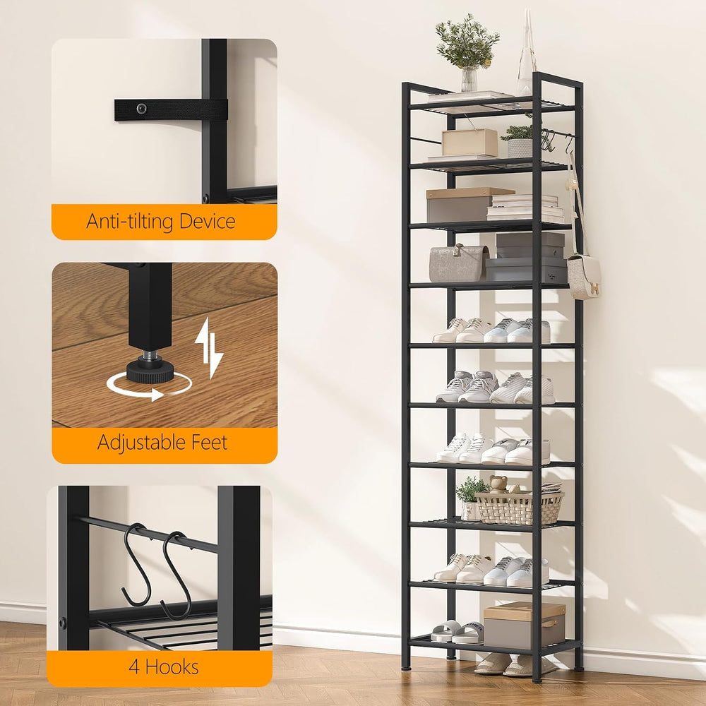 usikey 10 Tiers Narrow Shoe Rack 20-30 Pairs, Sturdy Metal Tall Shoe Rack She...