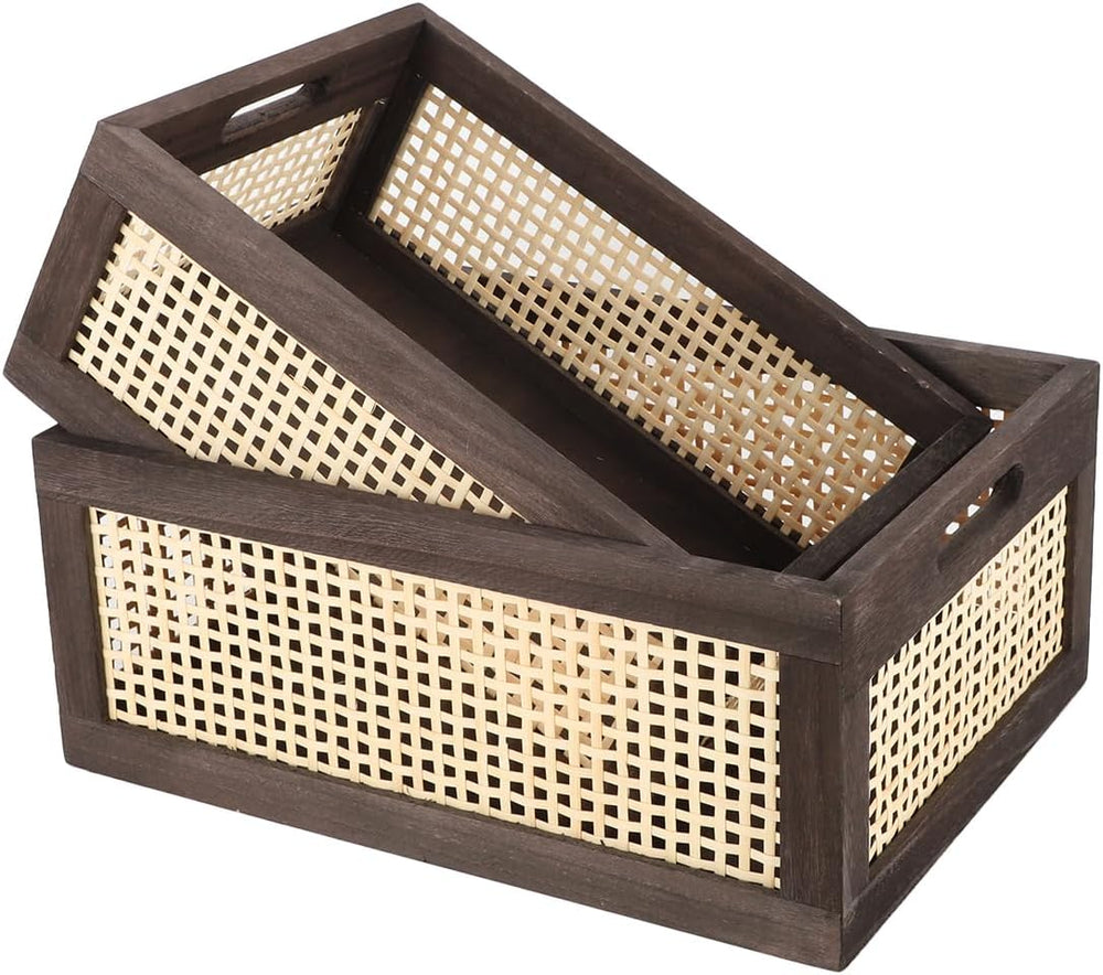 Rattan Wooden Storage Basket with Handle, Brown Set of 2