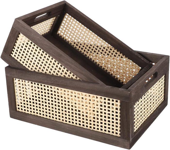 Rattan Wooden Storage Basket with Handle, Brown Set of 2