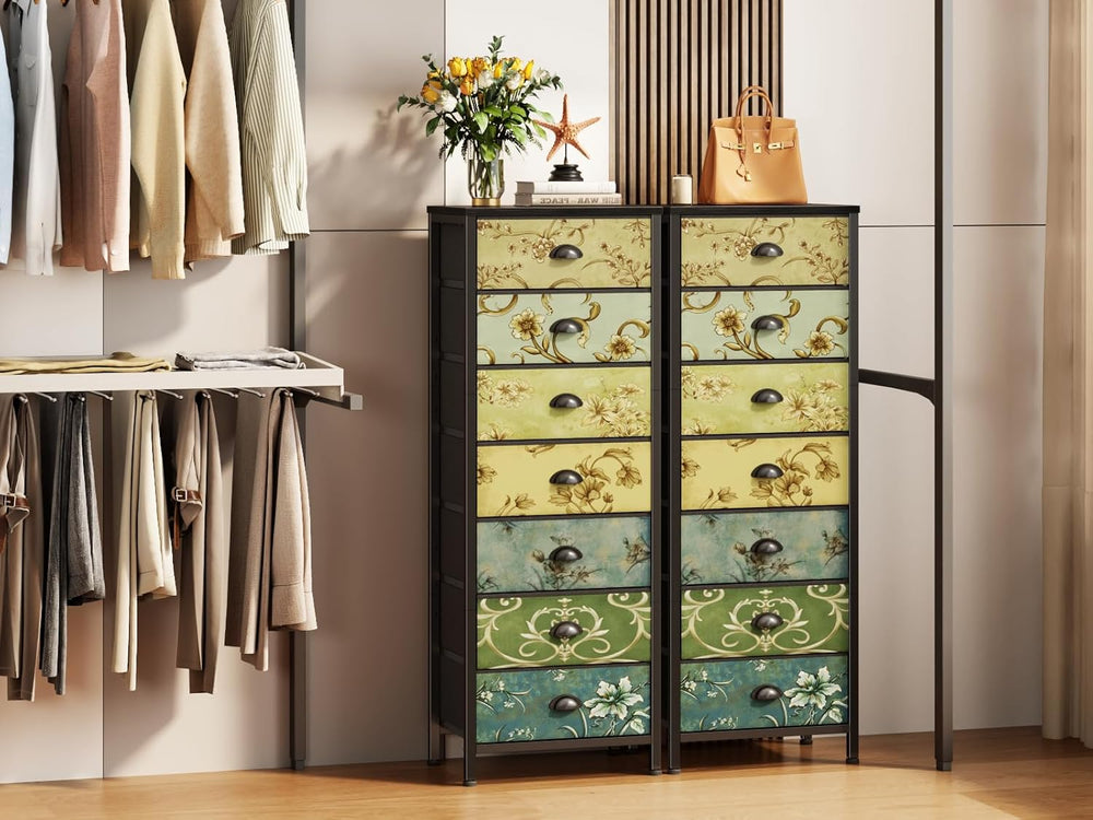 Furnulem 7 Drawer Tall Dresser for Bedroom, Vintage Fabric Chest of Drawers