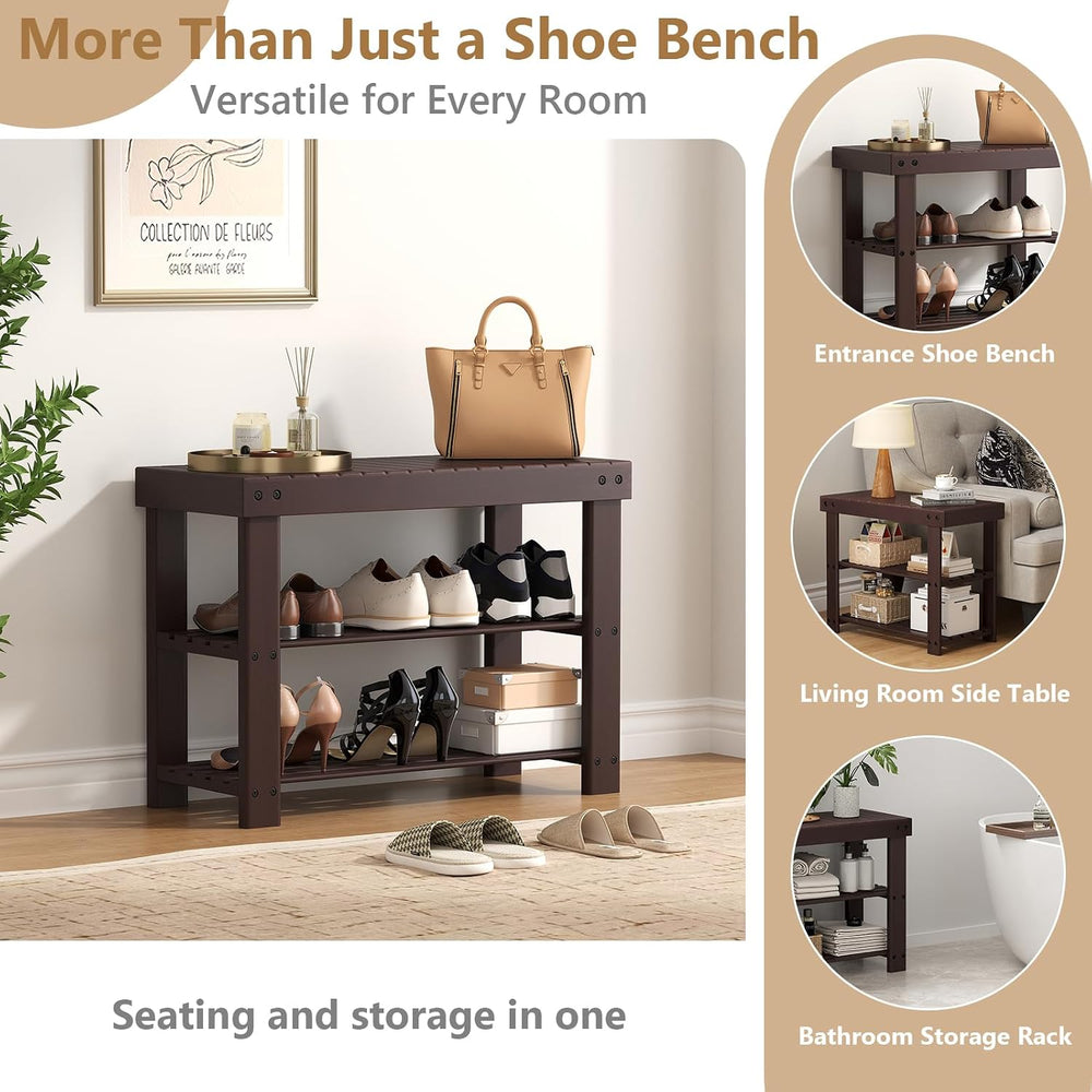 Sweetcrispy Shoe Rack Bench, 27IN Bamboo Entryway Storage Organizer, 286lb Ca...