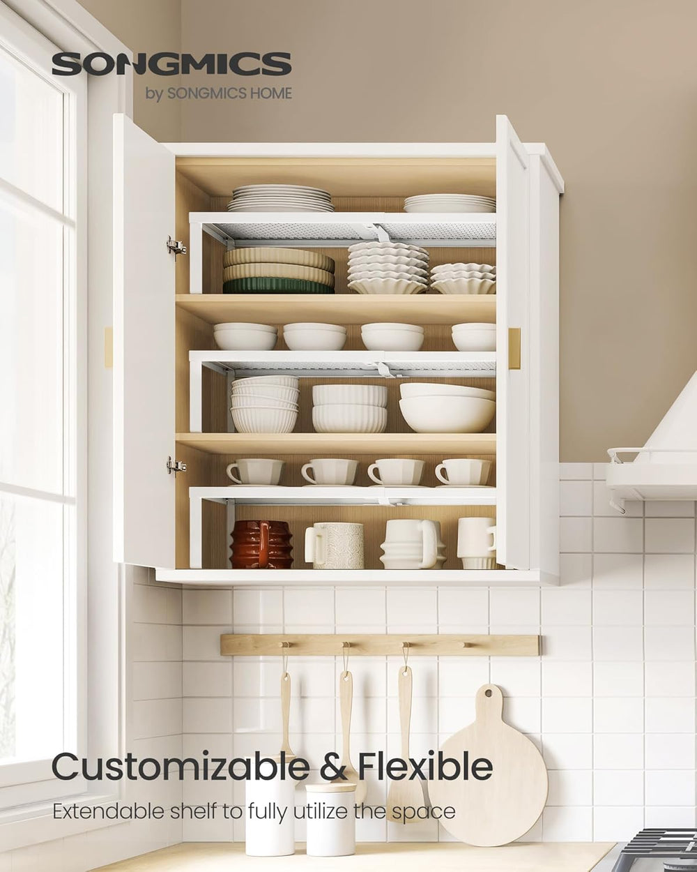 SONGMICS Spice Rack, Expandable Kitchen Countertop Shelf, Steel