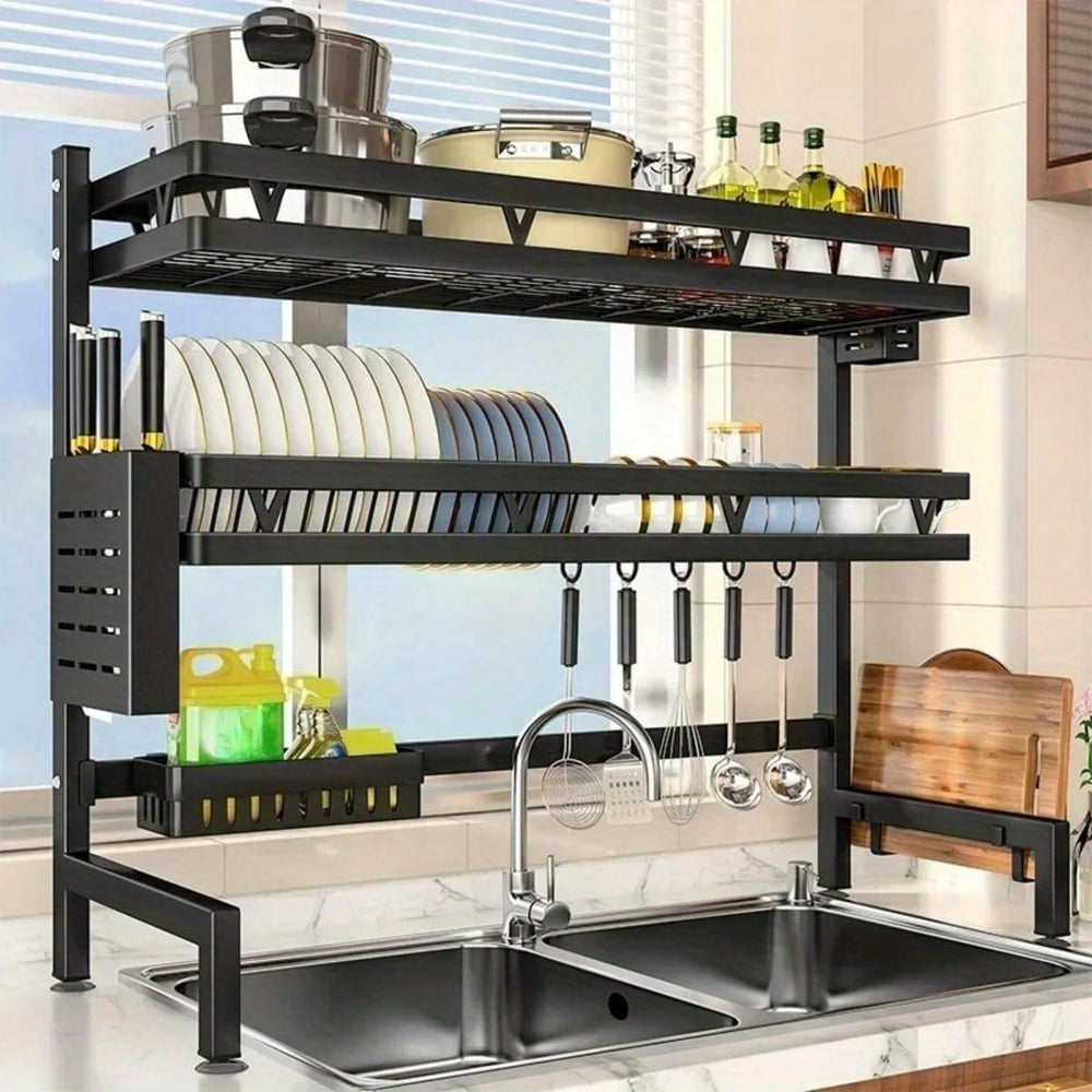 3-Tier Over Sink Dish Draining Rack Adjustable Width and Height with Phone Ho...