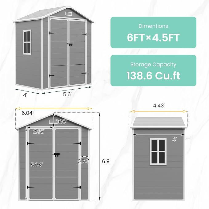 UDPATIO Outdoor Resin Storage Shed 6x4.5 FT, Plastic Garden Shed