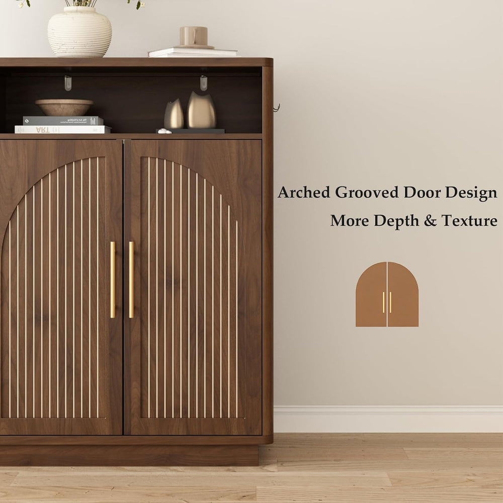 Fluted Shoe Storage Cabinet with 2 Arch Doors, 43" Tall Wood Cabinet