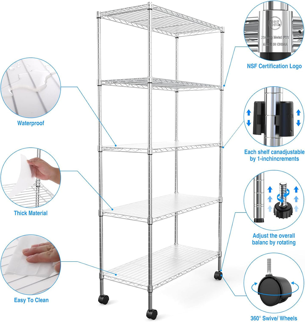 5 Tier NSF Wire Shelf Shelving Unit, 14 x 30 x 60 Inch 750lbs Capacity Adjust...