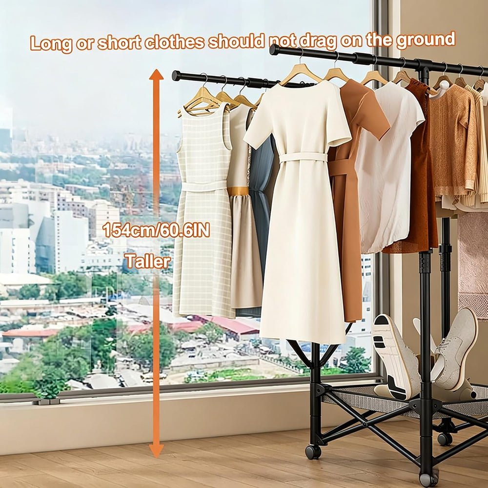 Foldable Collapsible Rolling Clothes Drying Rack,Adjustable Double Rods Laund...