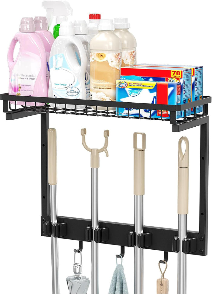 XLP Broom Holder Wall Mount, Mop Organizer Wall Hanging with Hooks, Black