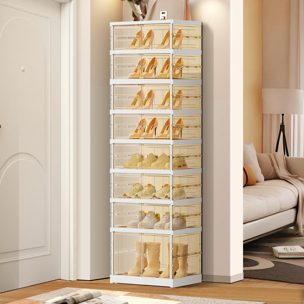 EHAMILY 8-Tier Foldable Shoe Rack Organizer with Doors, 16 Pairs, White