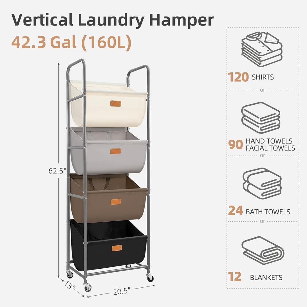STORAGE MANIAC Vertical Rolling Laundry Hamper, 4 Section Laundry Sorter with...