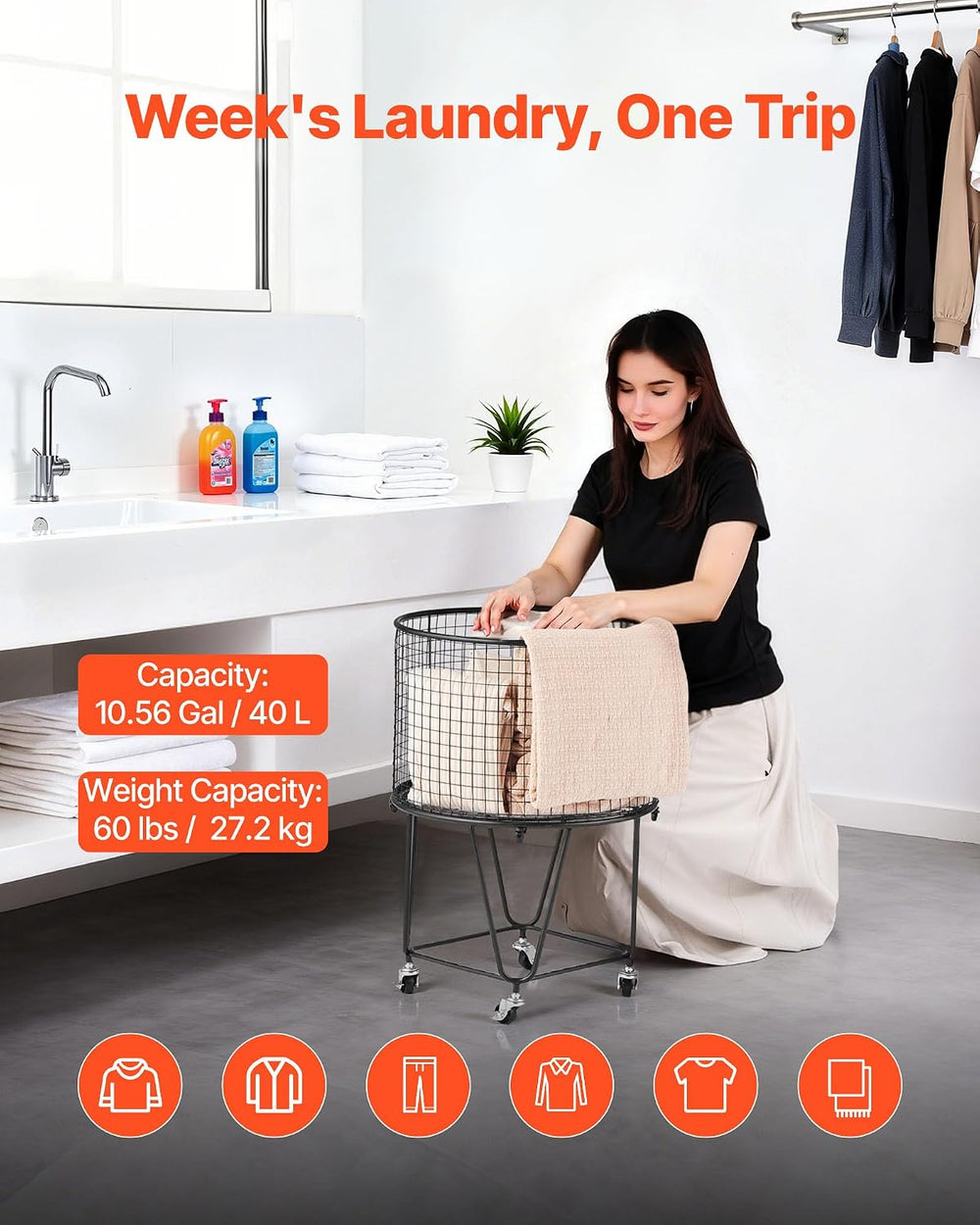 VEVOR Laundry Basket with Wheels, Metal Storage Cart Deep Set Rolling Mesh La...