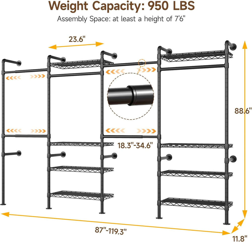 H4 Wall Mounted Closet System, Expandable Industrial Pipe Clothing Rack
