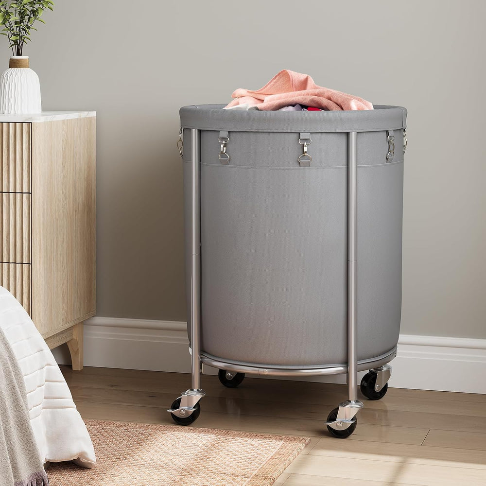 ELYKEN Laundry Basket with Wheels, Round Rolling Laundry Hamper, Gray