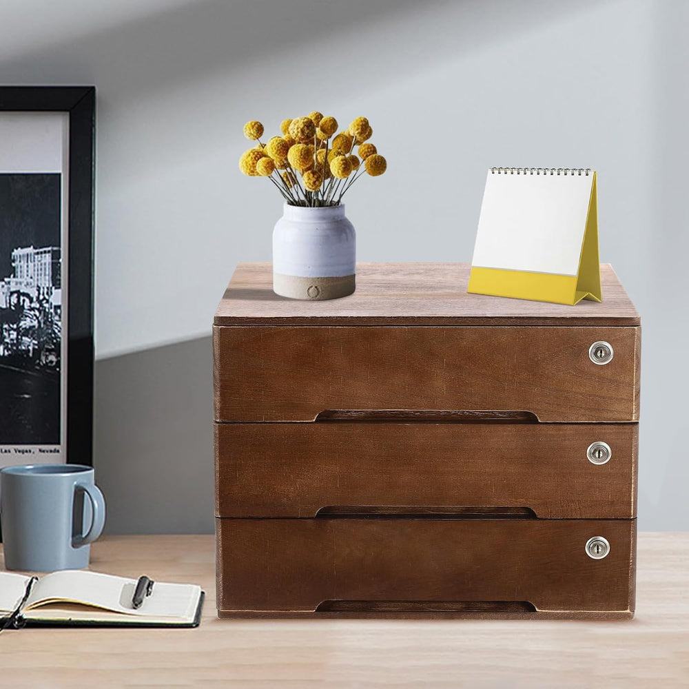 3 Drawers Wood Storage Box Wooden Storage Cabinet Organizer, Tabletop Storage...