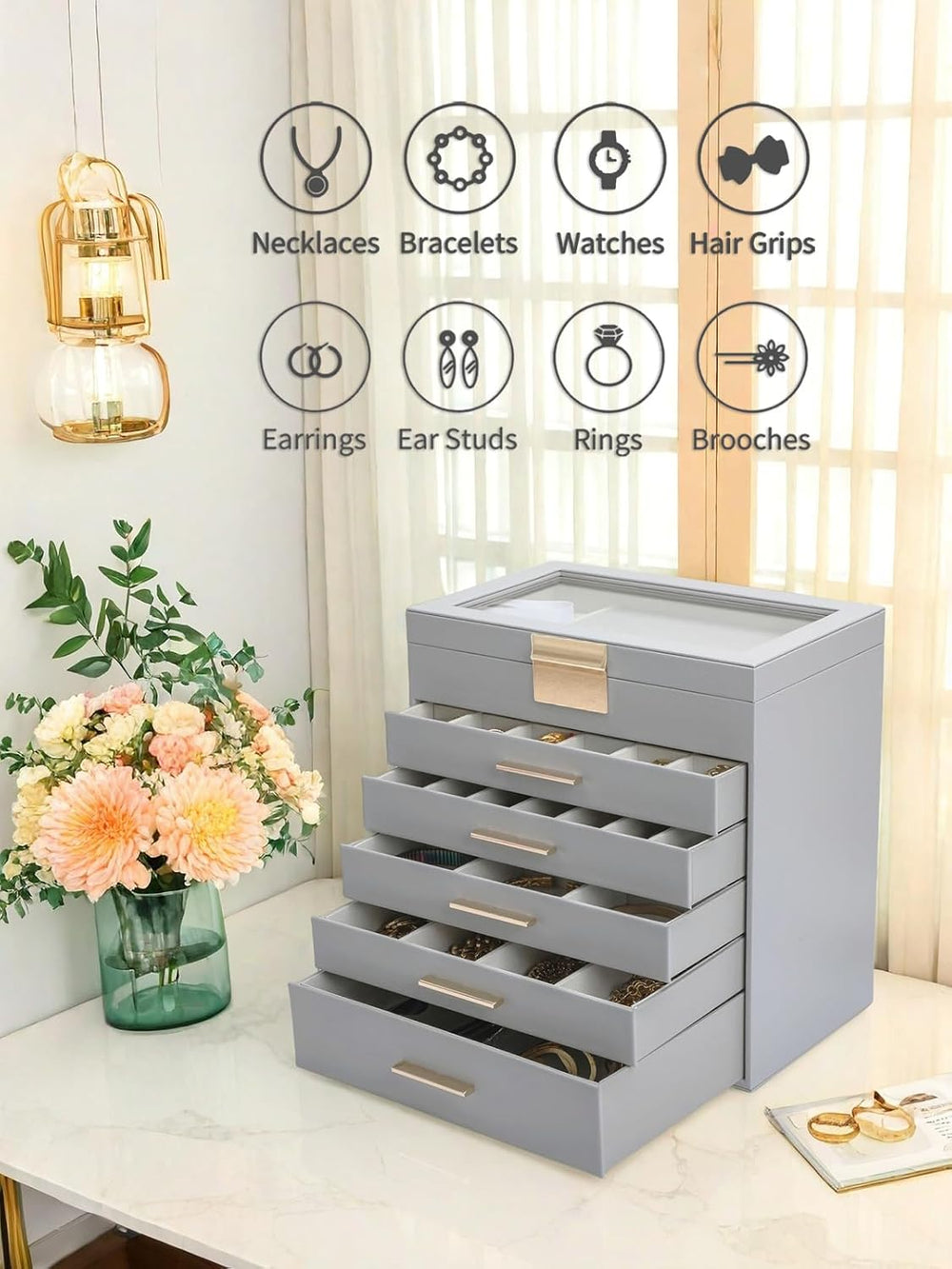 BOOVO Jewelry Boxes for Women, White and Black 6 Layer Large Jewelry Box for ...