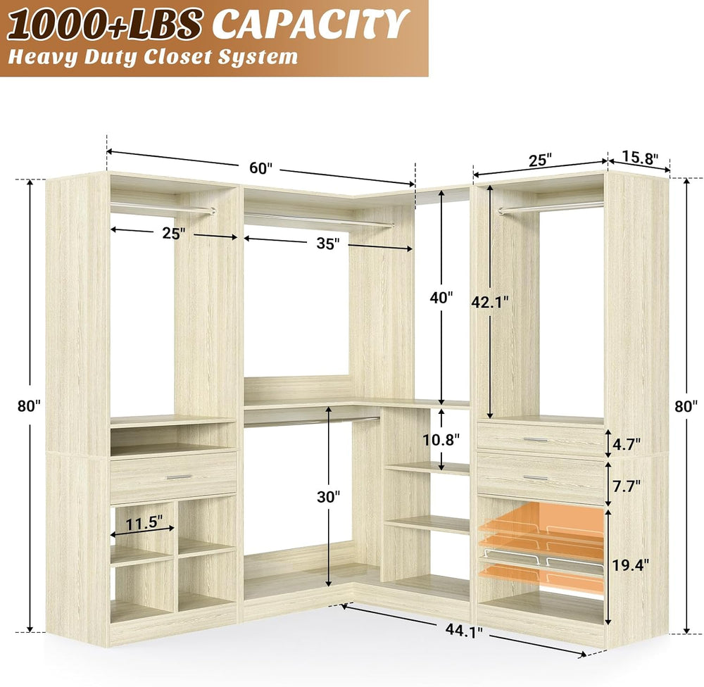 Unikito 86" Corner Closet System, Modular Closets Organizer with 4 Hangi...