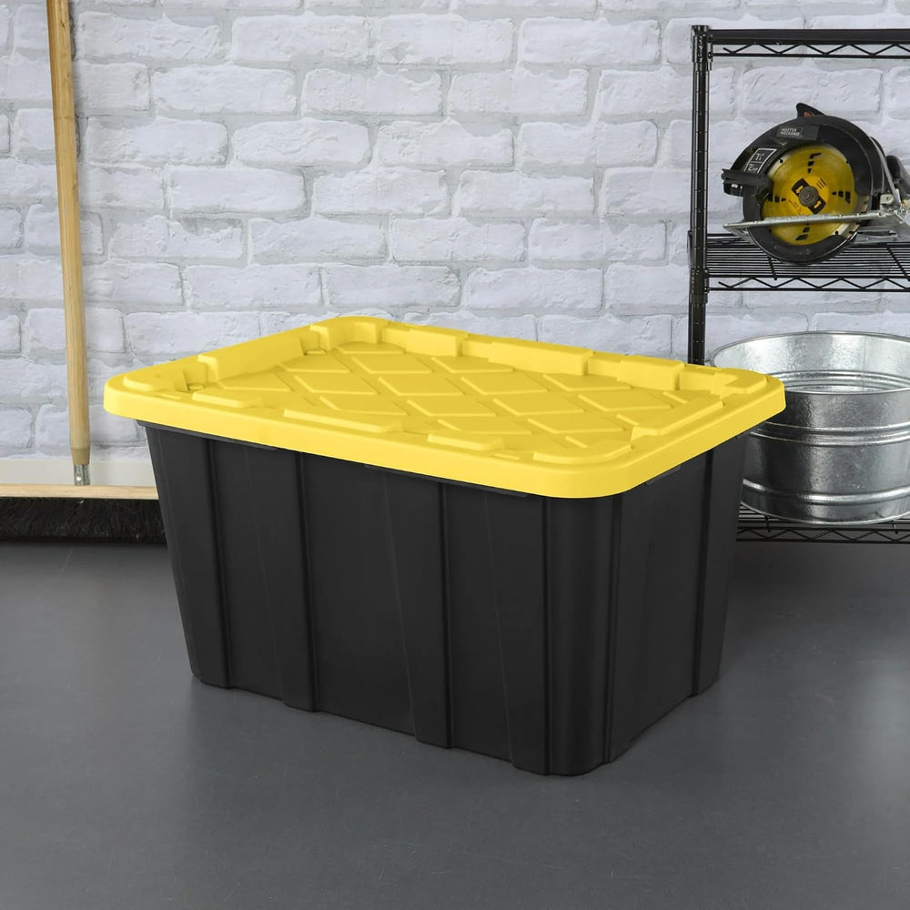 Plastic Storage Tote, Large 27 Gallon, Black and Yellow, 6 Pack