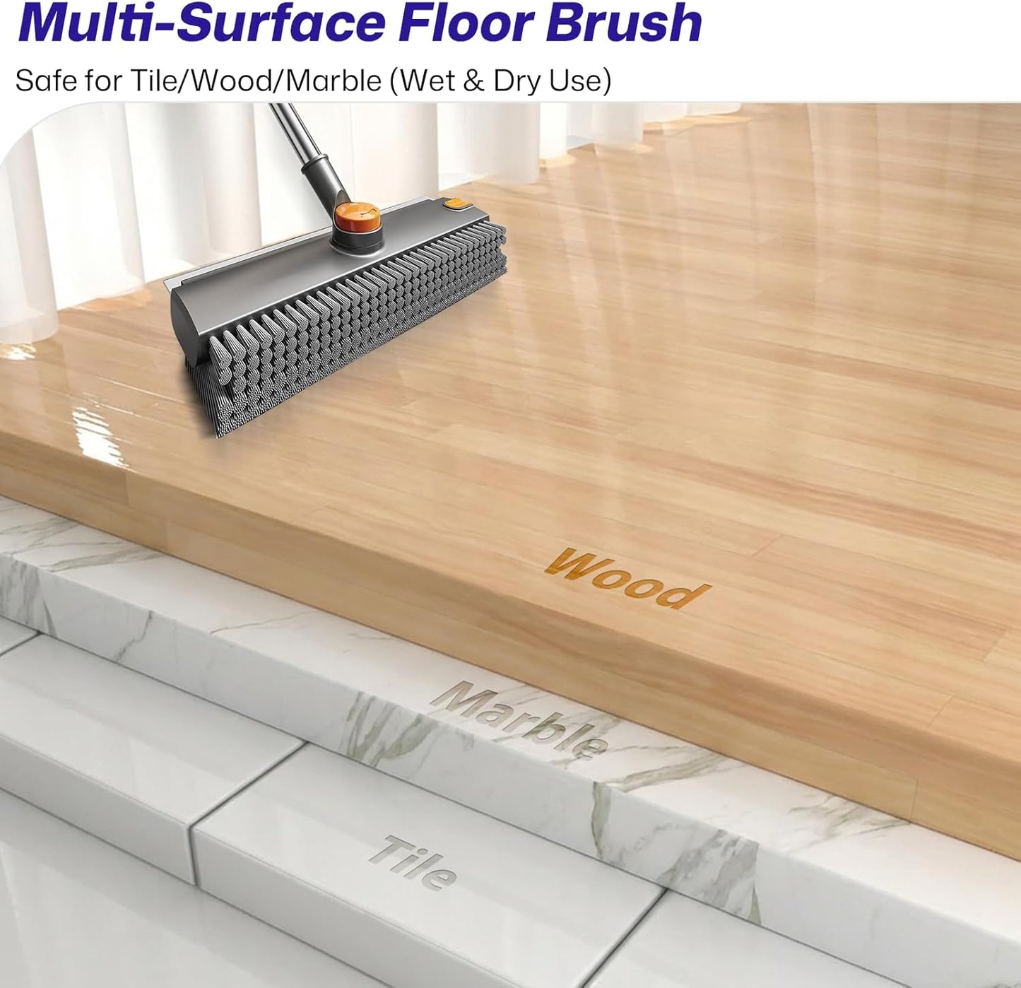 3-in-1 Floor Scrub Brush with Long Handle, Scrape and Heavy-Duty Stiff Bristle Floor Scrubber Brush with Squeegee and Tweezer for Cleaning Tile Kitchen Wall Deck Bathroom Patio Garage