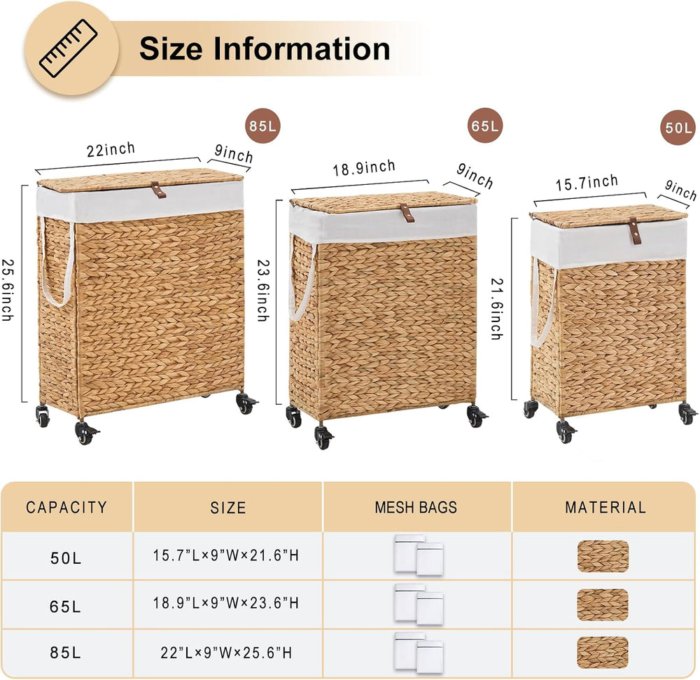 Slim Rolling Laundry Hamper with Lid and Wheels (Natural, 85L)