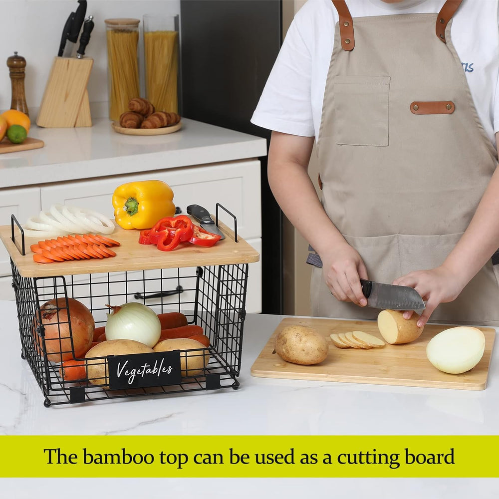 1 Set Stackable Wire Basket with Bamboo Top - Kitchen Counter, Pantry Organiz...