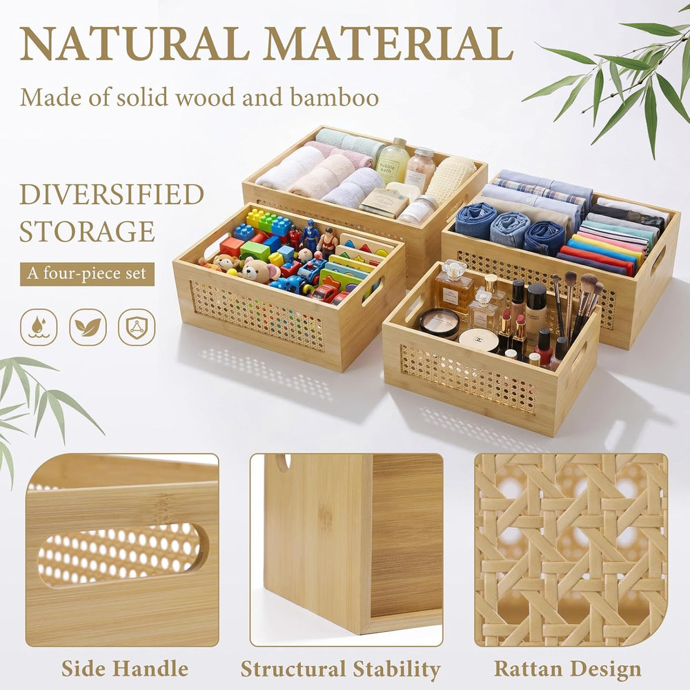 Rattan Wooden Box Set of 4 Handmade Decorative Storage Basket with Handles
