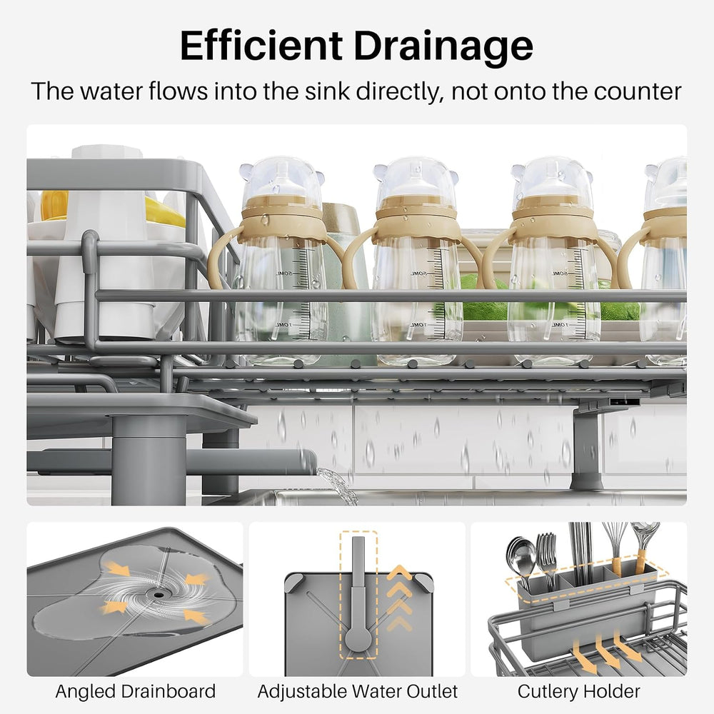 SNTD Expandable Dish Drying Rack for Kitchen Counter, Stainless Steel, Grey
