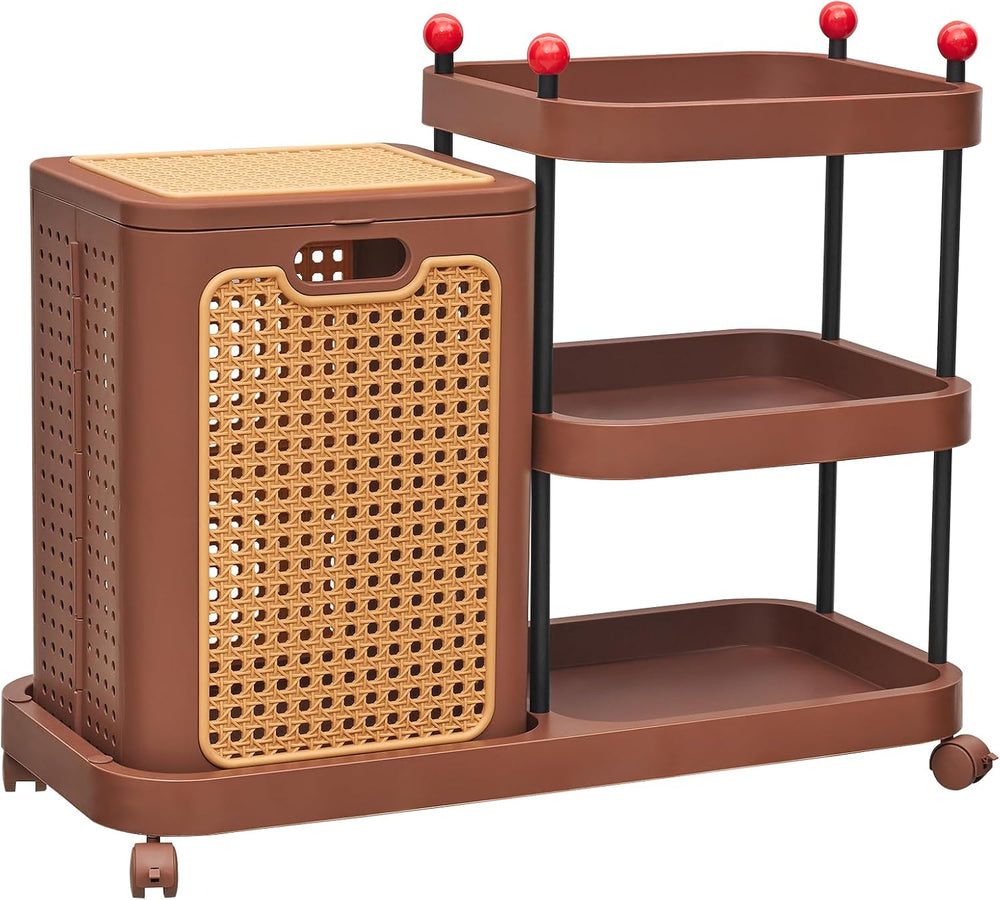 VECELO Rattan-Style Rolling Laundry Hamper Cart, 3-Tier Storage Shelf with Wh...