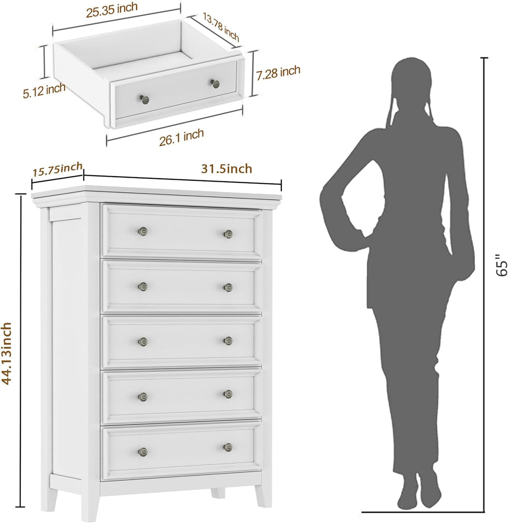 BLANKSPACE White Dresser, 5 Chest Drawer Dresser for Bedroom, Large Capacity ...