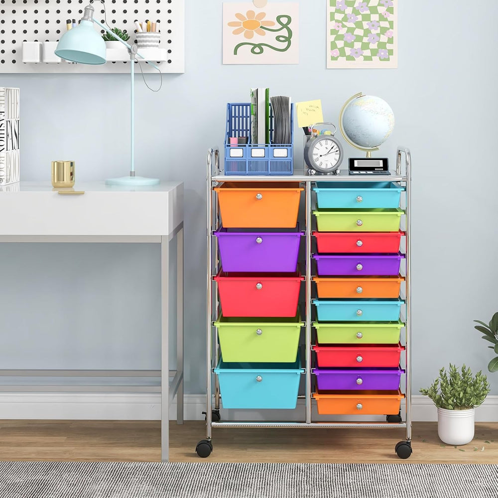 Giantex 15-Drawer Organizer Cart Office School Storage Cart Rolling Drawer Ca...