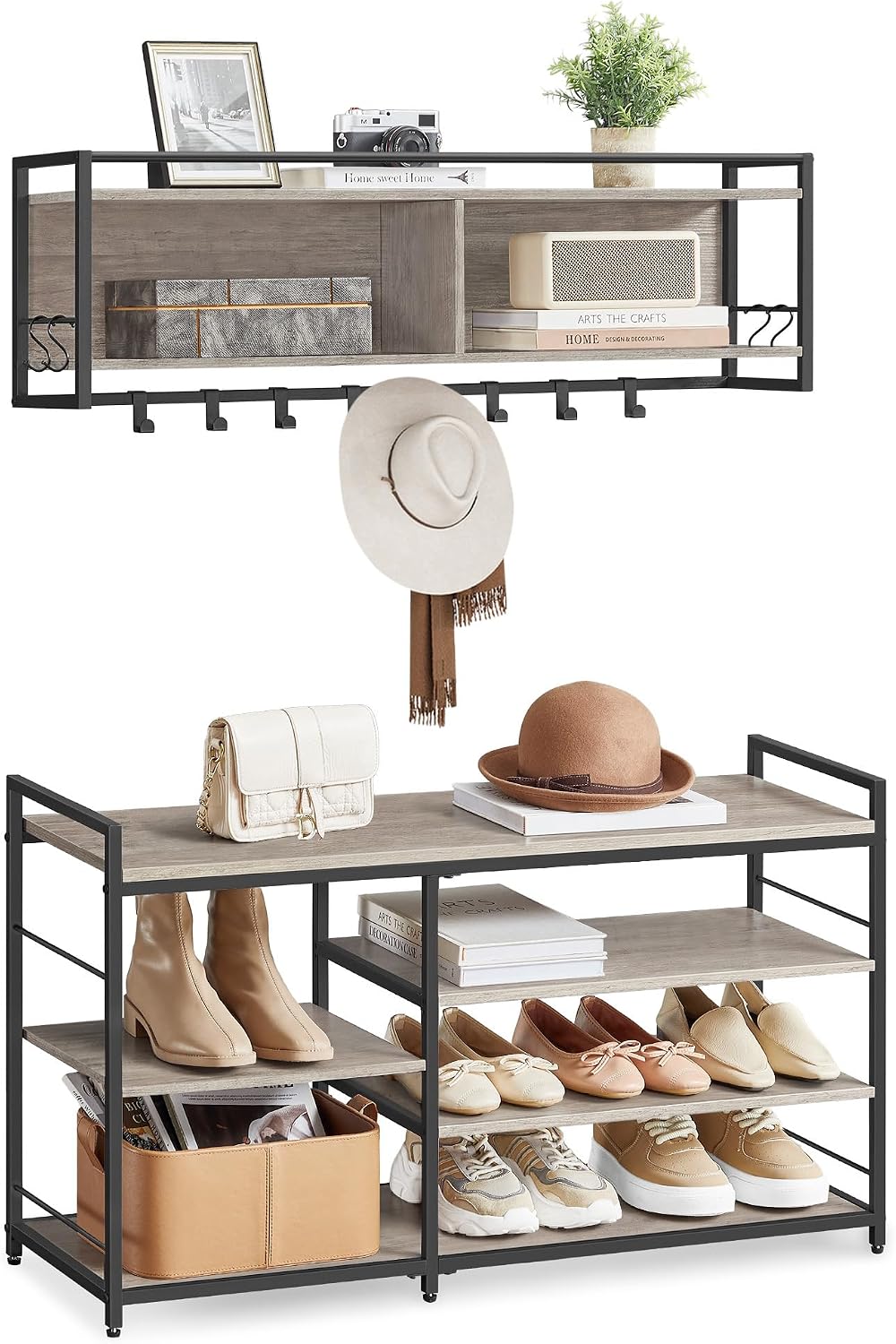 VASAGLE Hall Tree with Shoe Bench, 12 Metal Hooks, 4-Tier Shoe Rack