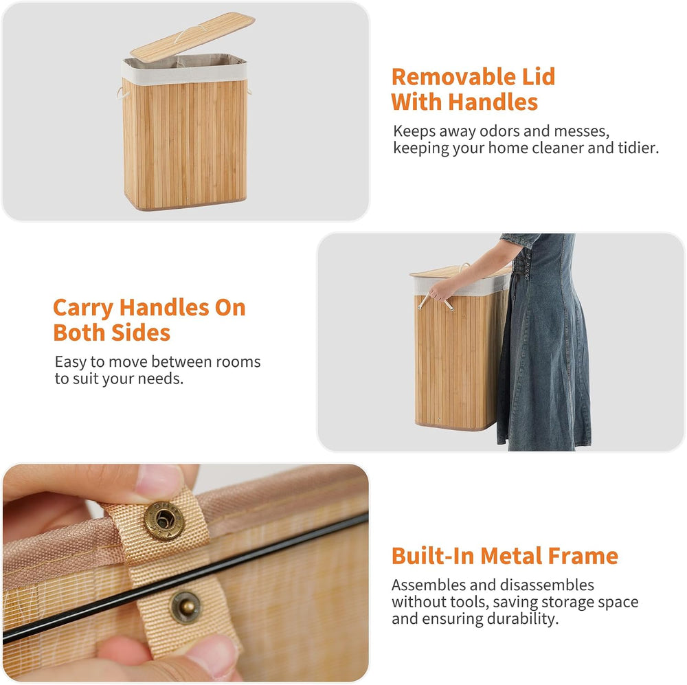 Slim Bamboo Laundry Hamper with Lid, 106L Large Collapsible Wooden Clothes Ba...