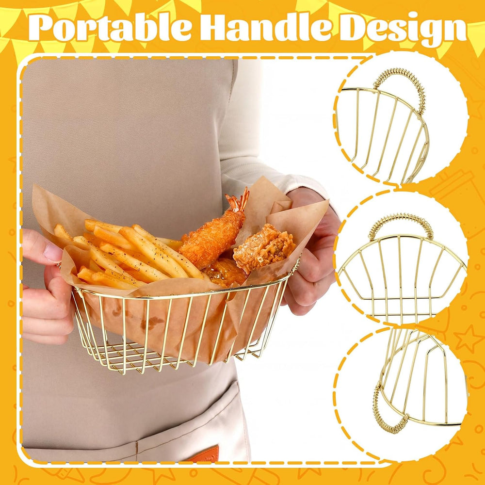 24 Pack Gold Metal Wire Fast Food Baskets Bulk with 100 Food Blotting Sheet