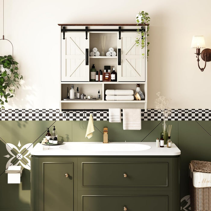 RUSTOWN Farmhouse Bathroom Wall Storage Cabinet with Sliding Barn Doors