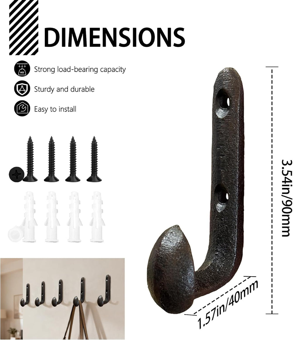 10PC Rustic Cast Iron Wall Mounted Hooks Heavy Duty Vintage Antique Black Rai...
