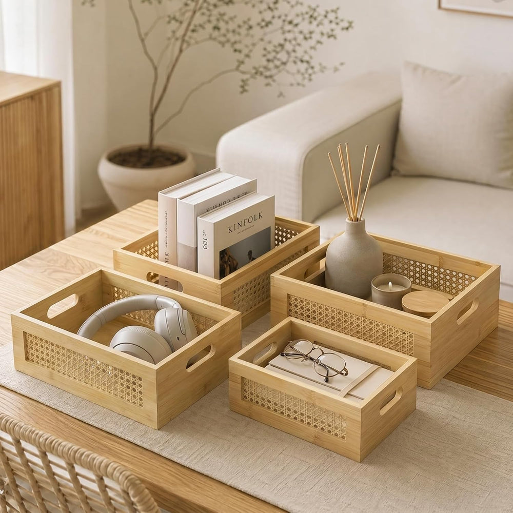 Rattan Wooden Box Set of 4 Handmade Decorative Storage Basket with Handles